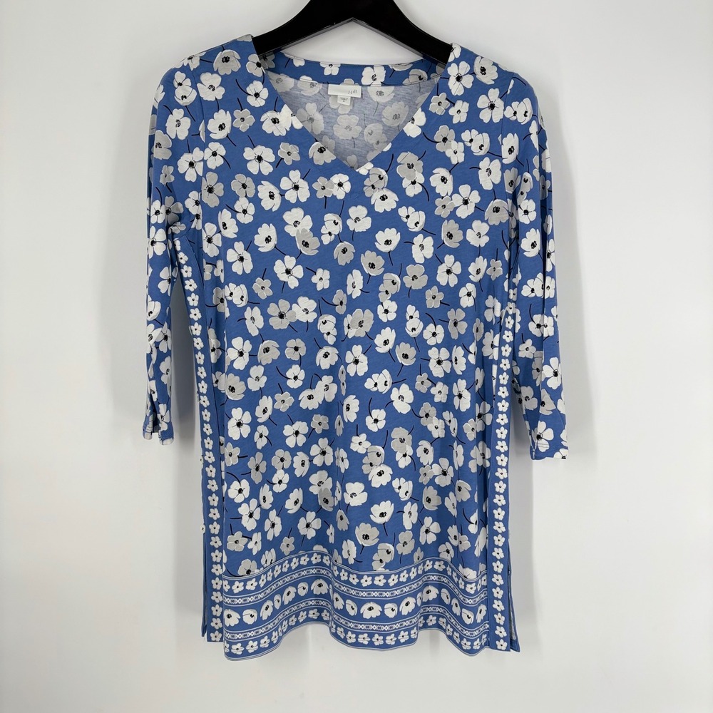 J. Jill Blue Floral Poppy Tunic Top Size M V-Neck 3/4 Sleeve Cotton Modal Preppy